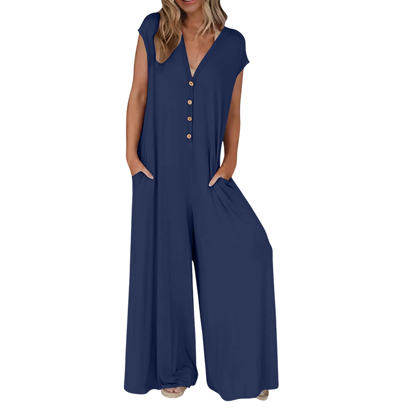 Combinaison Femme Col en V Boutons Jambes Larges