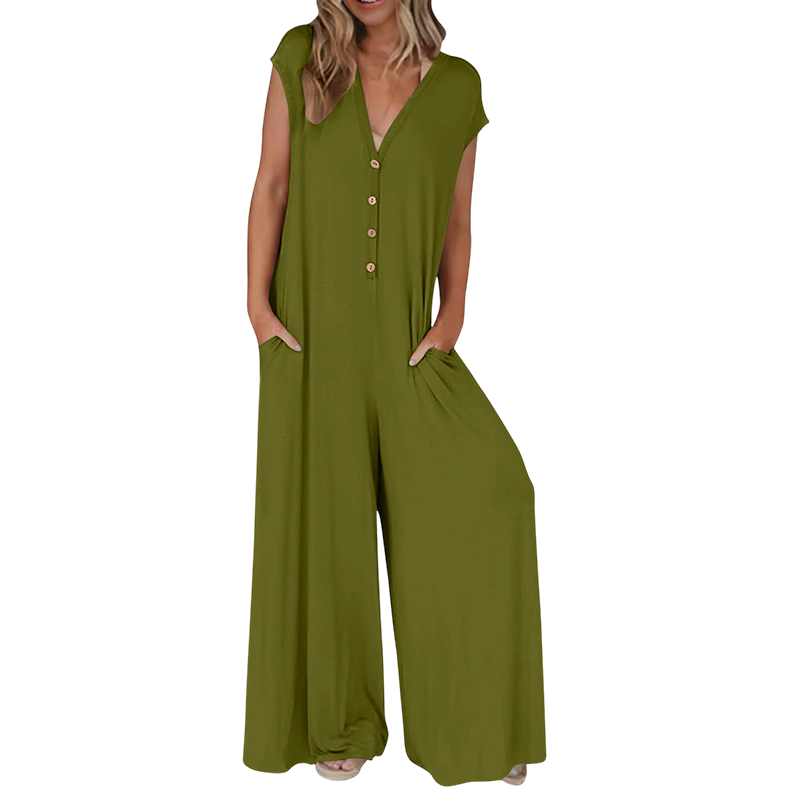 Combinaison Femme Col en V Boutons Jambes Larges