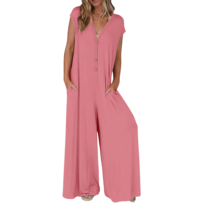 Combinaison Femme Col en V Boutons Jambes Larges