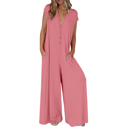 Combinaison Femme Col en V Boutons Jambes Larges
