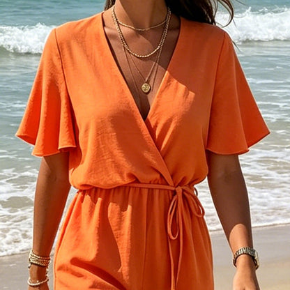 Combishort Femme Col en V Croisé Taille Nouée