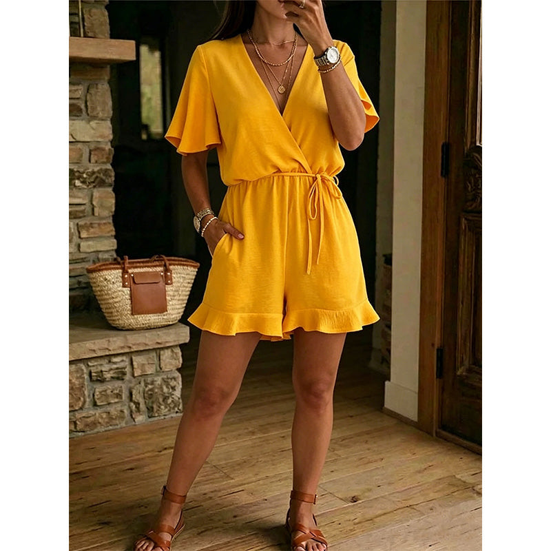 Combishort Femme Col en V Croisé Taille Nouée