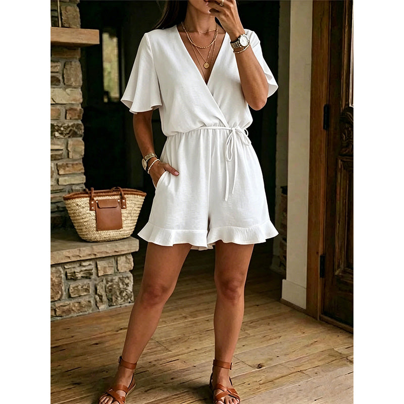 Combishort Femme Col en V Croisé Taille Nouée