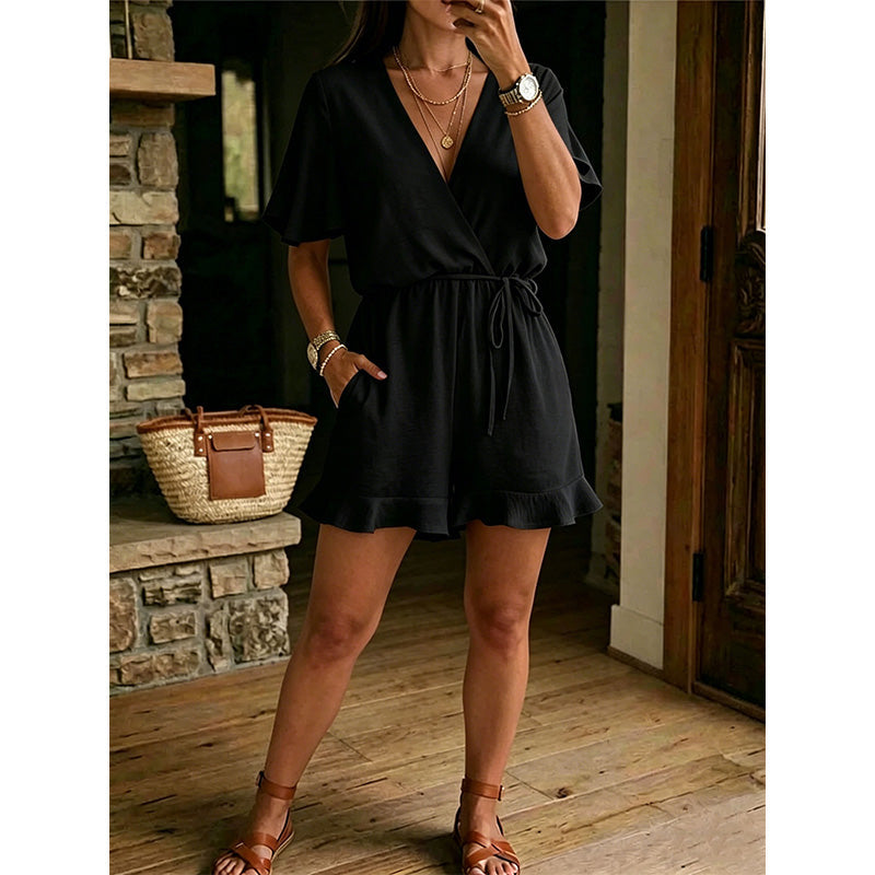 Combishort Femme Col en V Croisé Taille Nouée