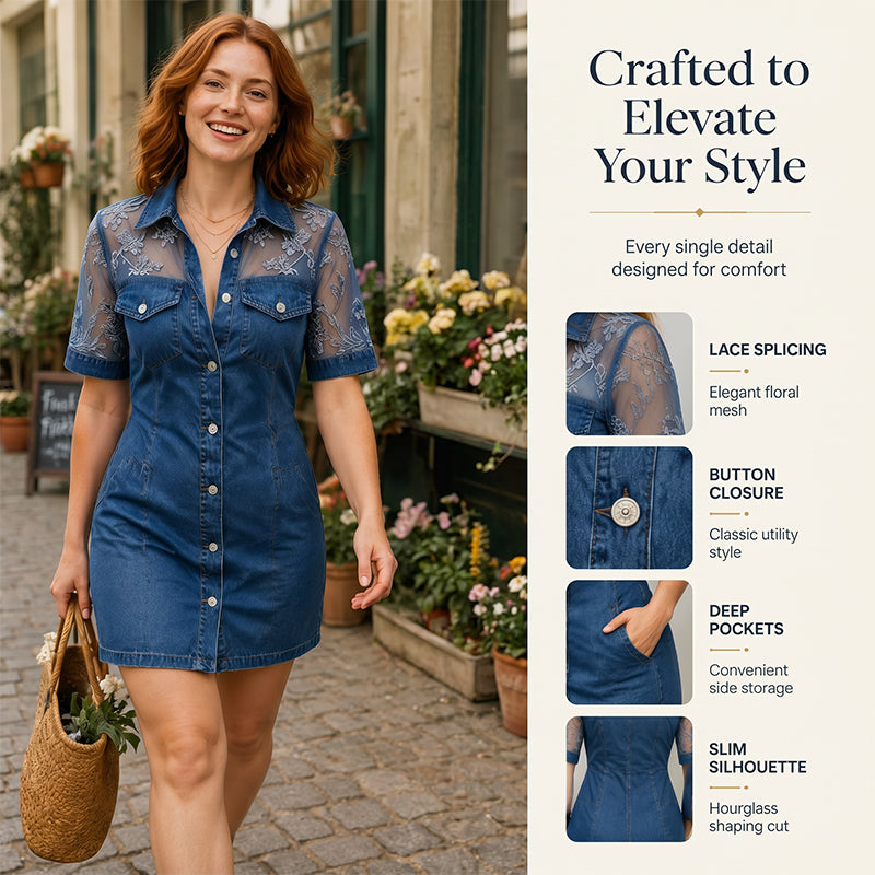 Robe Chemise Courte Femme Denim Dentelle Transparente