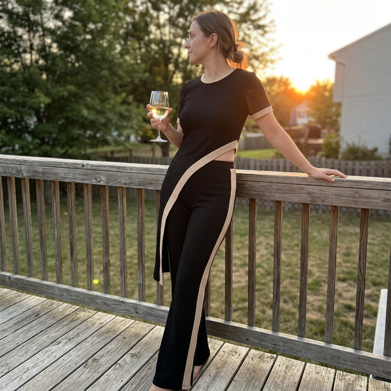 Ensemble Femme Asymétrique avec Pantalon Evasé Contrasté
