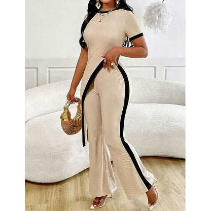 Ensemble Femme Asymétrique avec Pantalon Evasé Contrasté