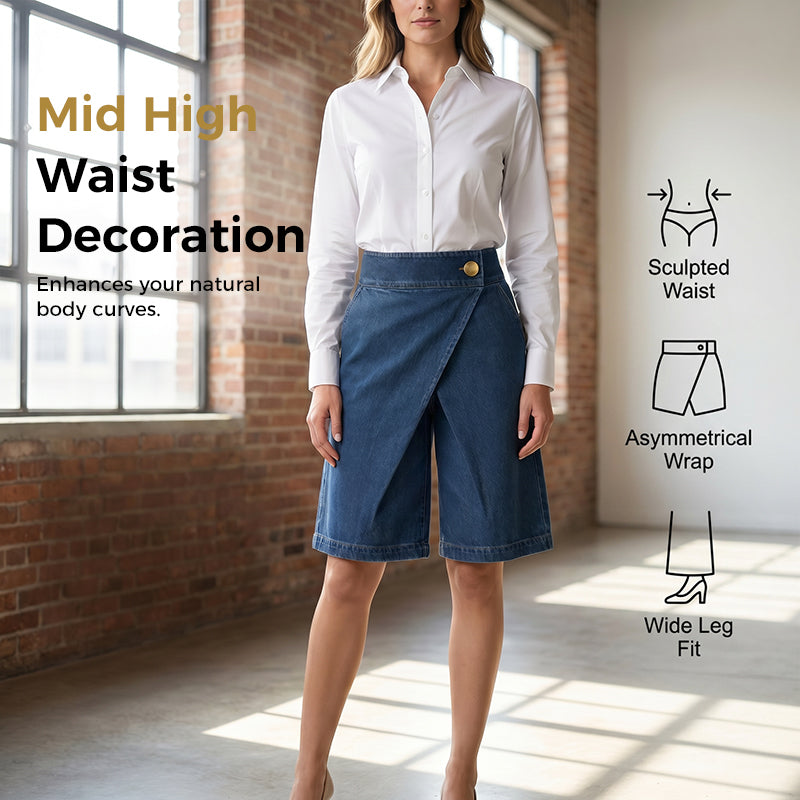 Short Femme Effet Denim Coupe Portefeuille Asymétrique