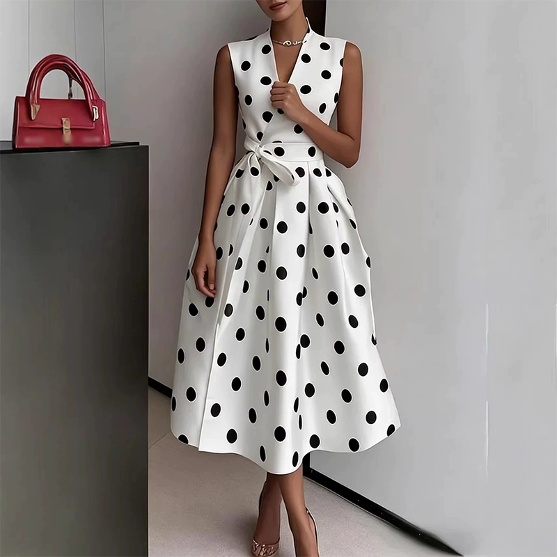 Robe Femme Sans Manches Col en V Ceinture Taille