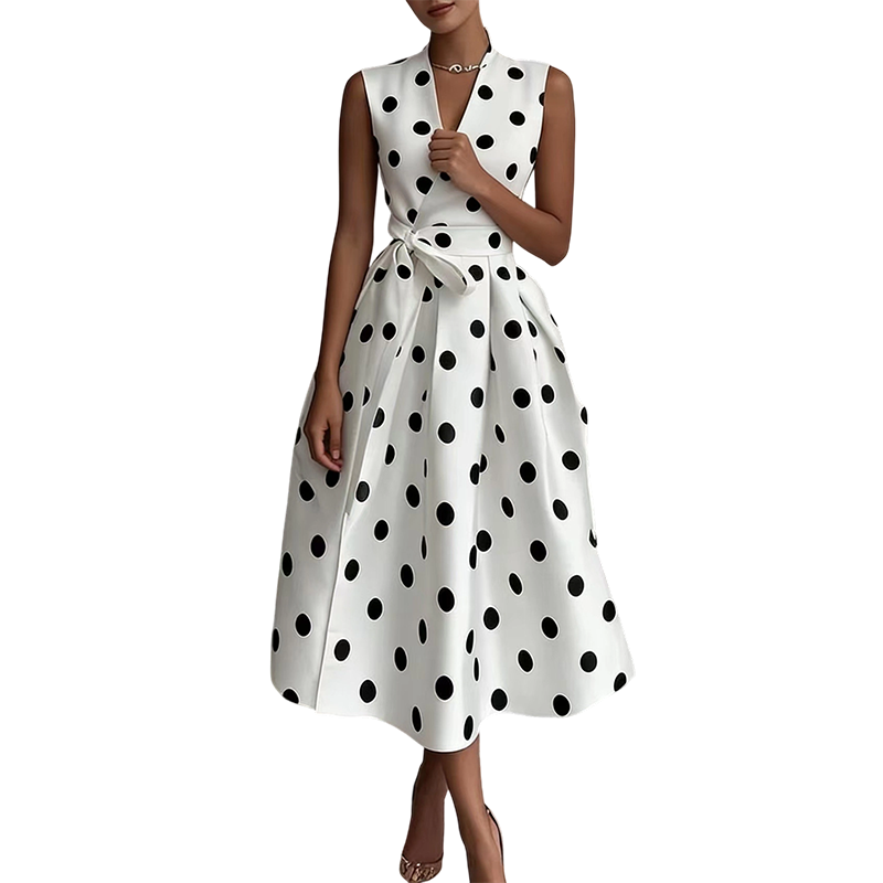 Robe Femme Sans Manches Col en V Ceinture Taille