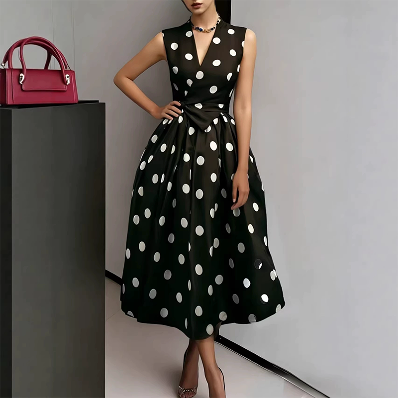 Robe Femme Sans Manches Col en V Ceinture Taille