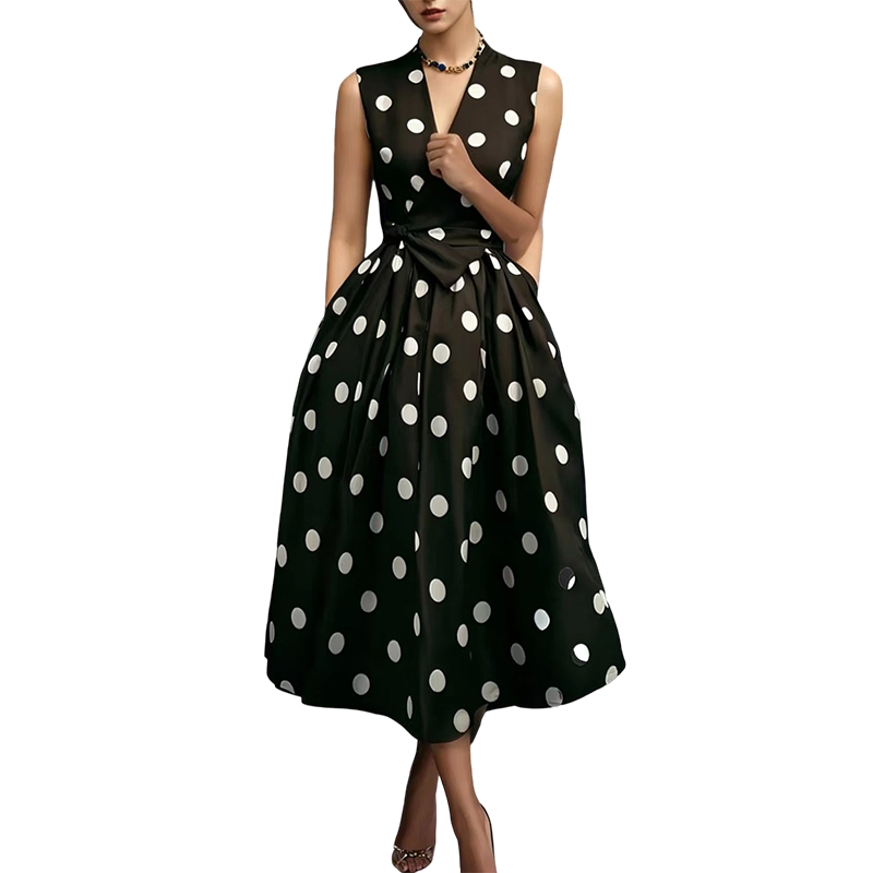 Robe Femme Sans Manches Col en V Ceinture Taille