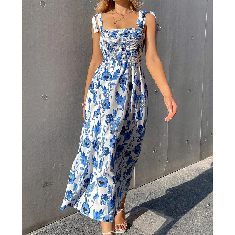 Robe longue Femme Mousseline Corsage Smocké Manches Courtes