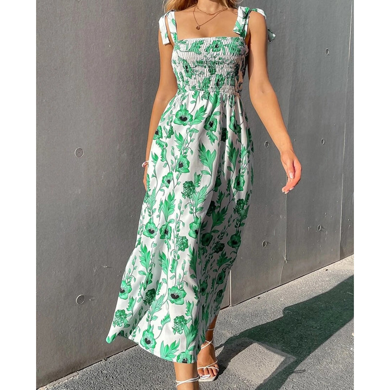 Robe longue Femme Mousseline Corsage Smocké Manches Courtes - PanierRoyale