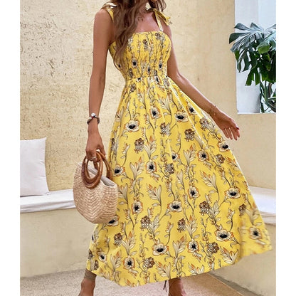 Robe longue Femme Mousseline Corsage Smocké Manches Courtes