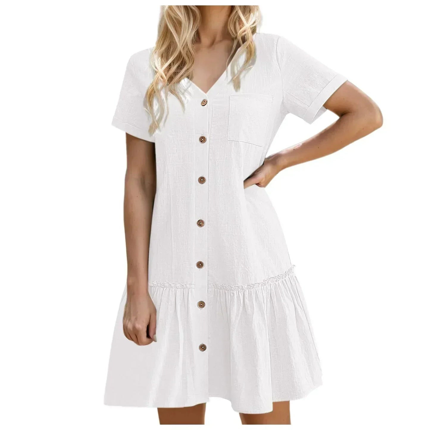 Robe courte Femme Coton Lin Boutons Ourlet Volanté