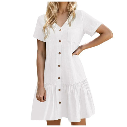 Robe courte Femme Coton Lin Boutons Ourlet Volanté