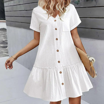 Robe courte Femme Coton Lin Boutons Ourlet Volanté