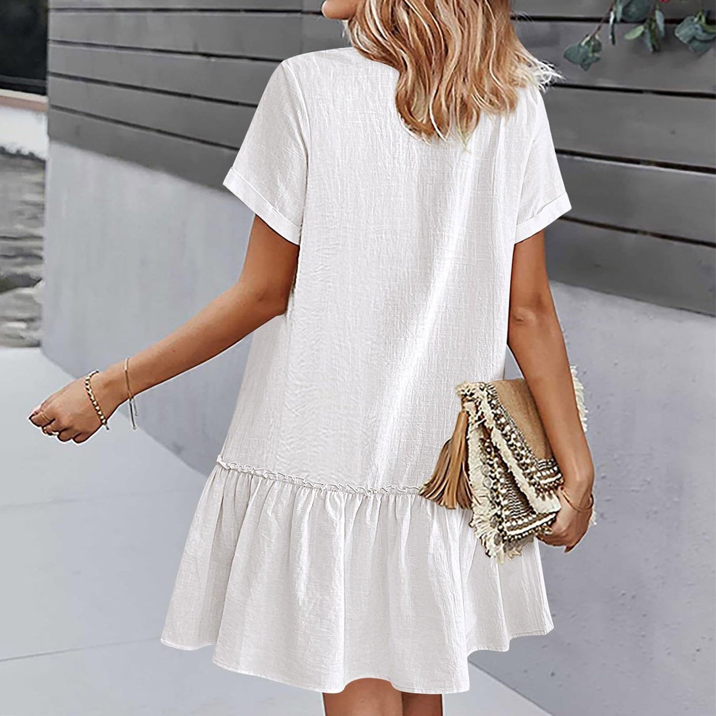Robe courte Femme Coton Lin Boutons Ourlet Volanté