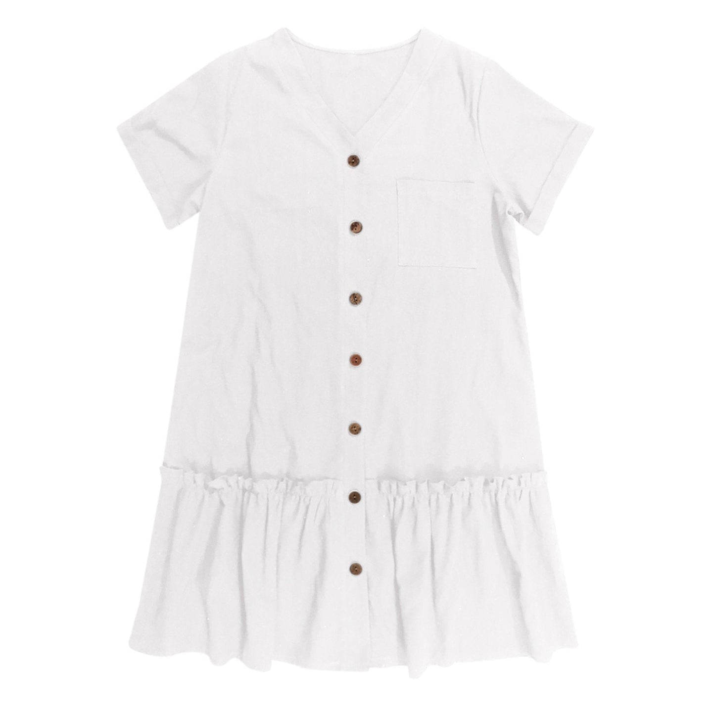 Robe courte Femme Coton Lin Boutons Ourlet Volanté