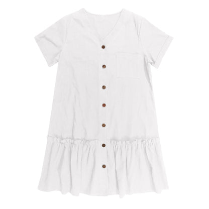 Robe courte Femme Coton Lin Boutons Ourlet Volanté