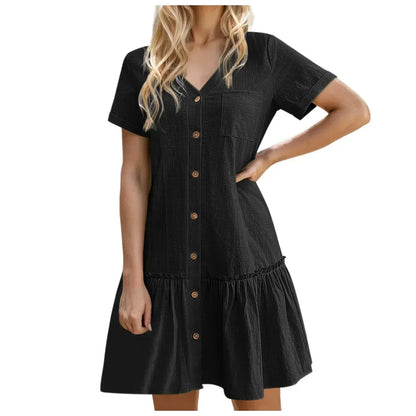 Robe courte Femme Coton Lin Boutons Ourlet Volanté