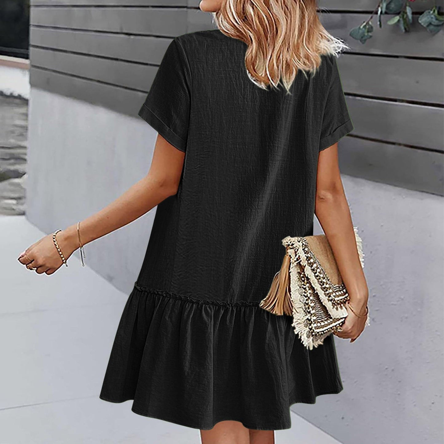 Robe courte Femme Coton Lin Boutons Ourlet Volanté