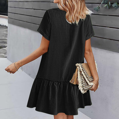 Robe courte Femme Coton Lin Boutons Ourlet Volanté