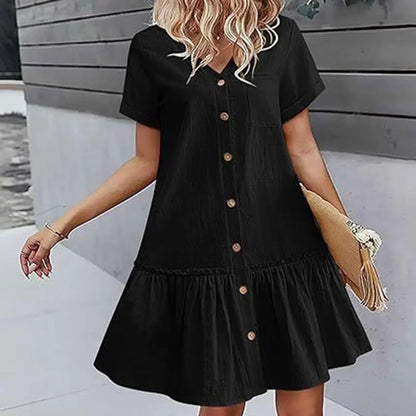 Robe courte Femme Coton Lin Boutons Ourlet Volanté