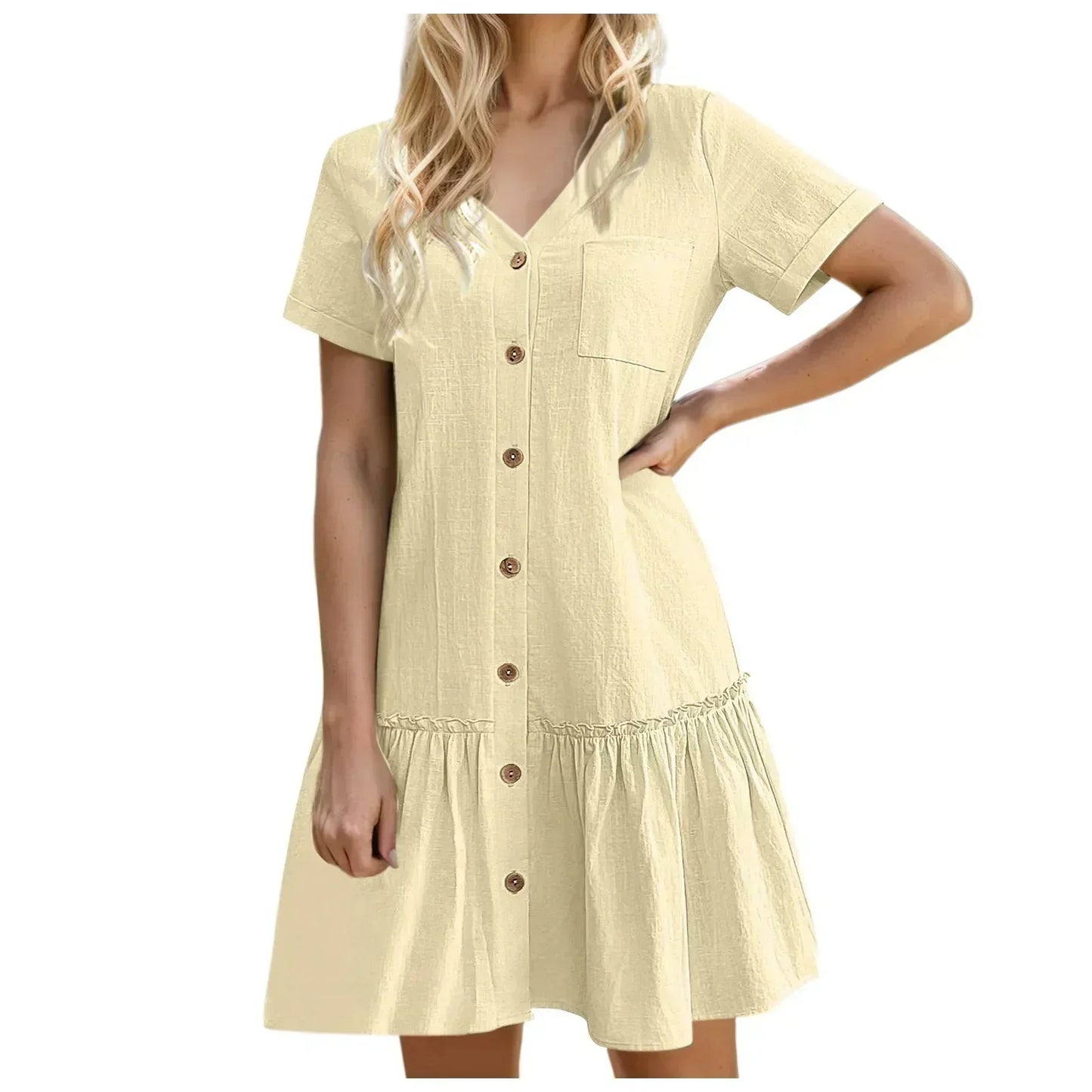 Robe courte Femme Coton Lin Boutons Ourlet Volanté