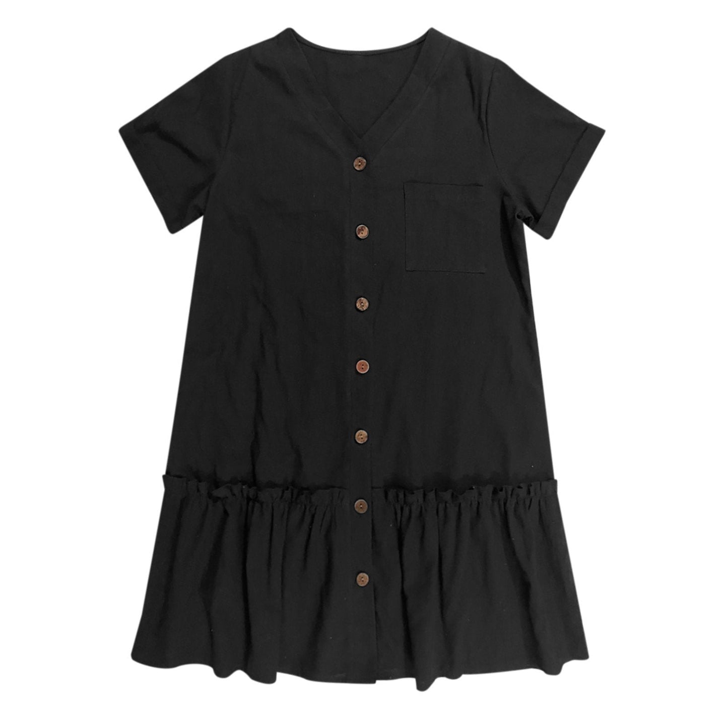Robe courte Femme Coton Lin Boutons Ourlet Volanté
