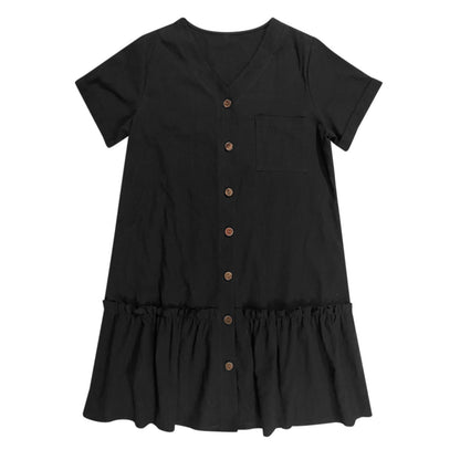 Robe courte Femme Coton Lin Boutons Ourlet Volanté