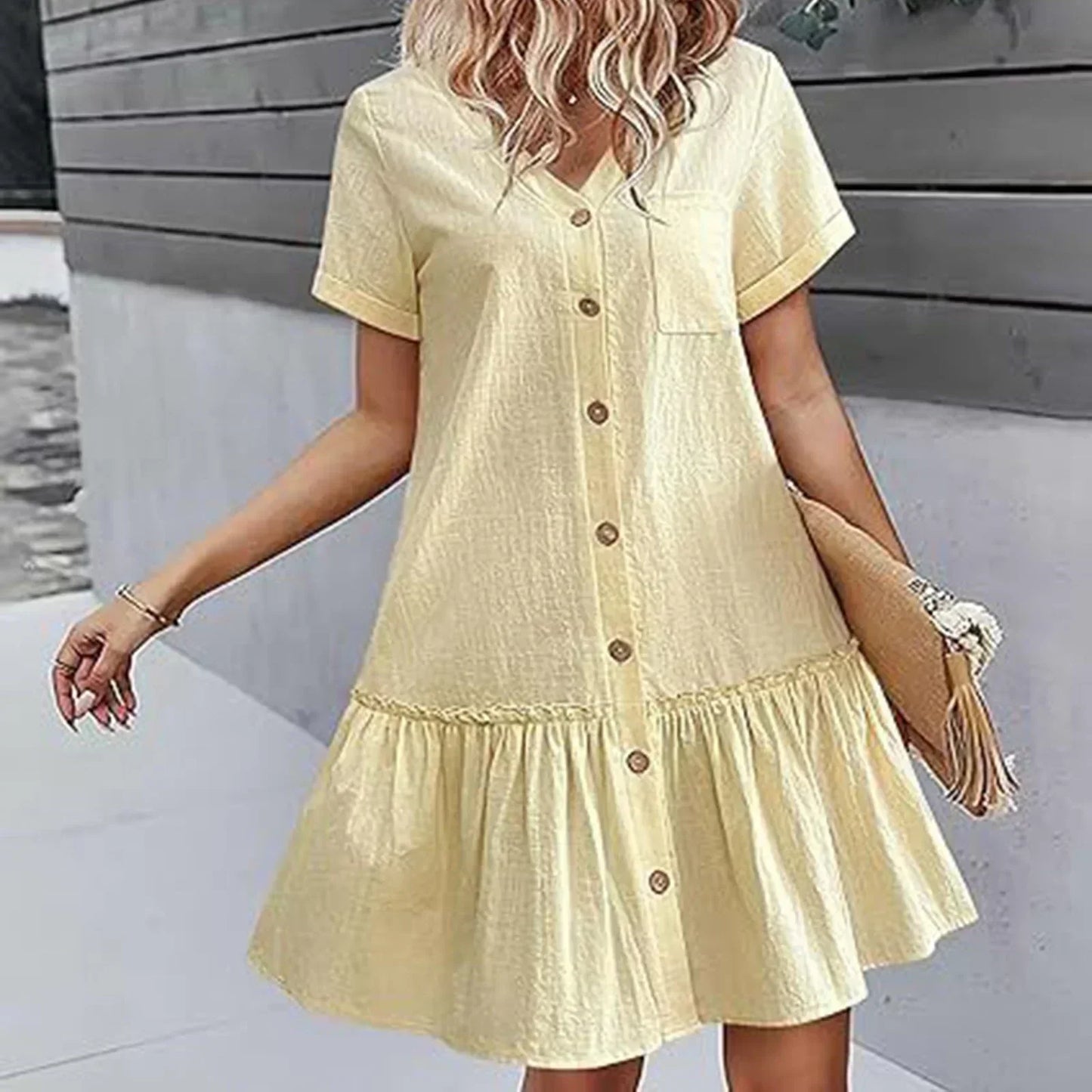 Robe courte Femme Coton Lin Boutons Ourlet Volanté