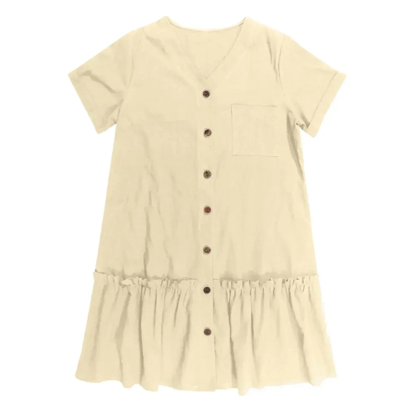 Robe courte Femme Coton Lin Boutons Ourlet Volanté