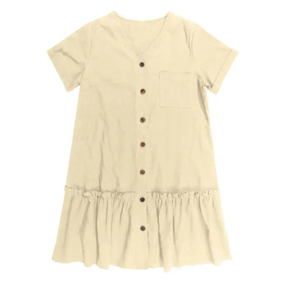 Robe courte Femme Coton Lin Boutons Ourlet Volanté