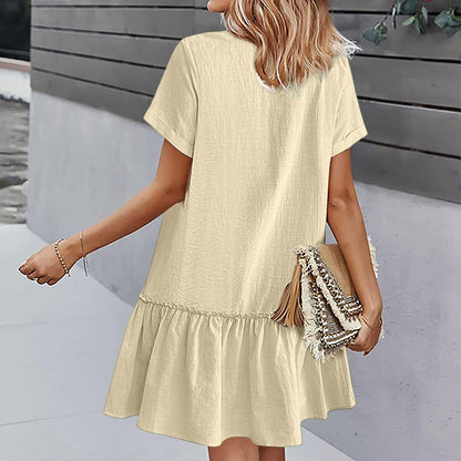 Robe courte Femme Coton Lin Boutons Ourlet Volanté
