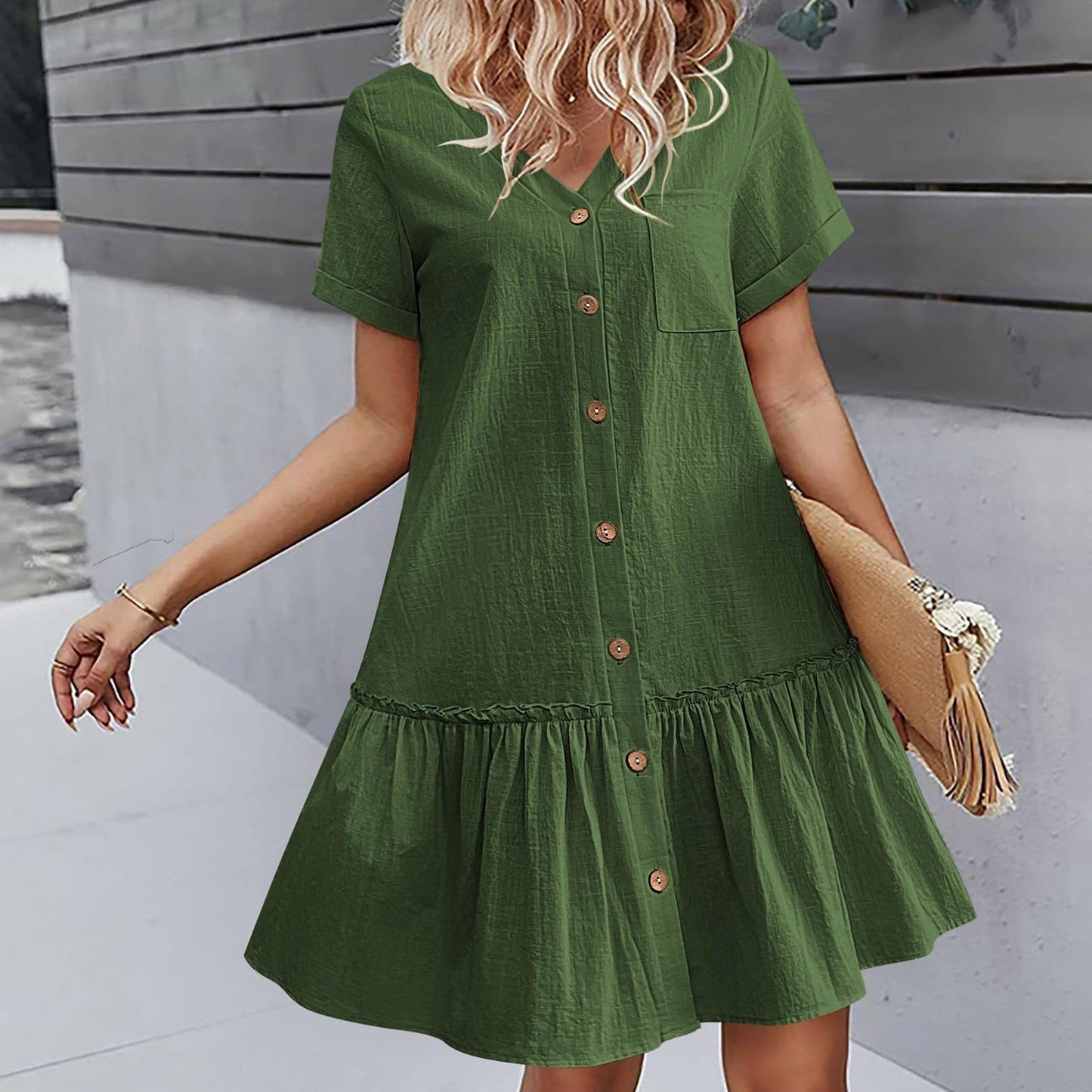 Robe courte Femme Coton Lin Boutons Ourlet Volanté