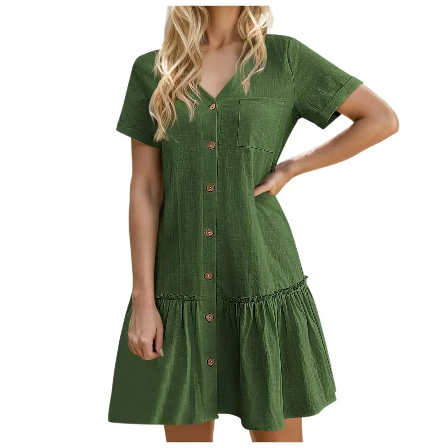Robe courte Femme Coton Lin Boutons Ourlet Volanté