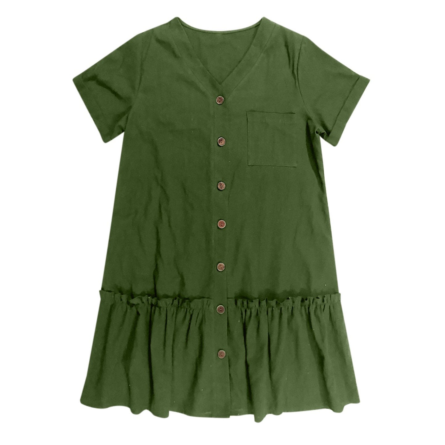 Robe courte Femme Coton Lin Boutons Ourlet Volanté