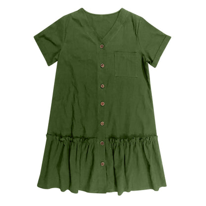 Robe courte Femme Coton Lin Boutons Ourlet Volanté