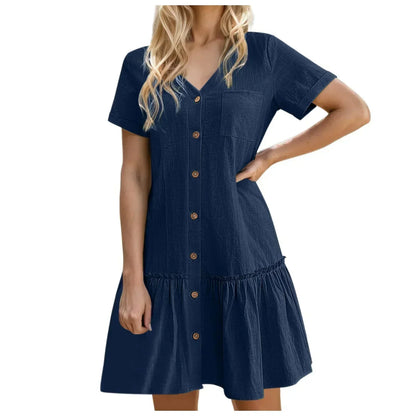 Robe courte Femme Coton Lin Boutons Ourlet Volanté