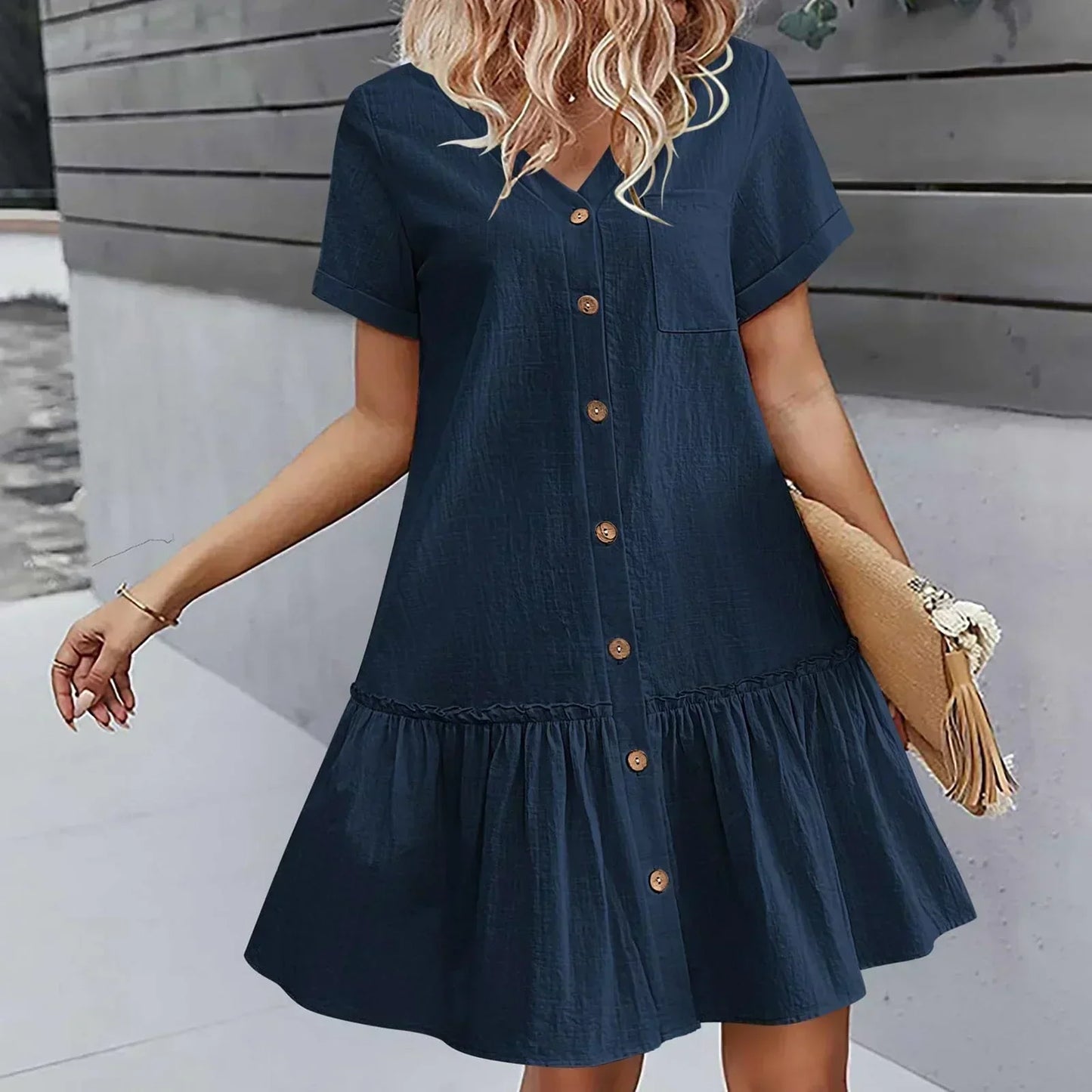 Robe courte Femme Coton Lin Boutons Ourlet Volanté