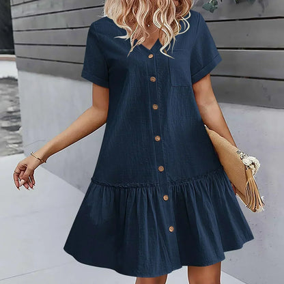 Robe courte Femme Coton Lin Boutons Ourlet Volanté