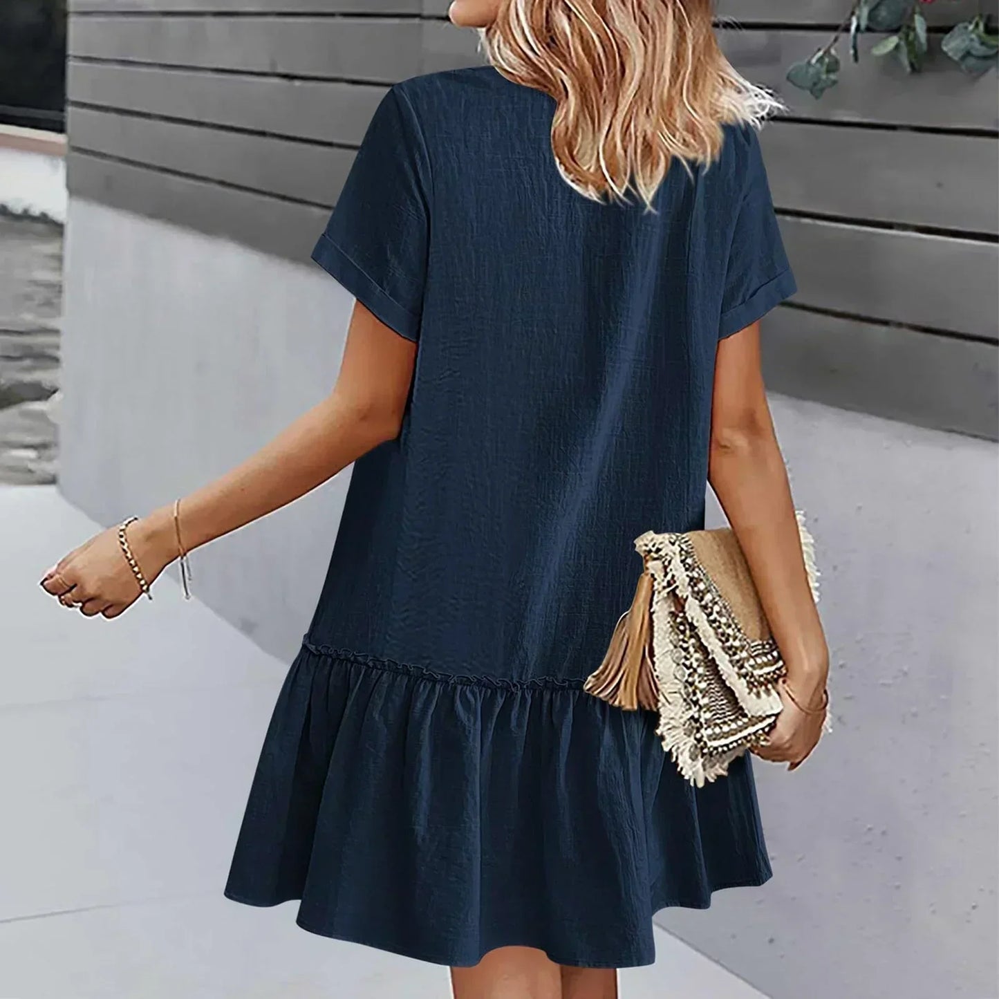 Robe courte Femme Coton Lin Boutons Ourlet Volanté