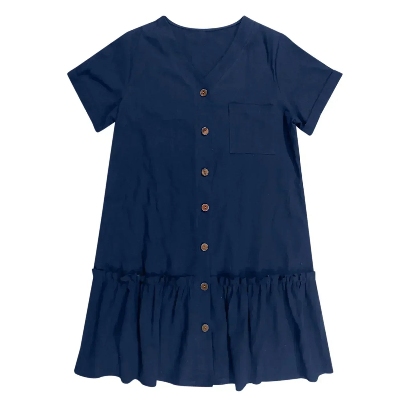 Robe courte Femme Coton Lin Boutons Ourlet Volanté