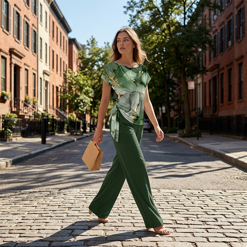 Ensemble Femme Haut Imprimé et Pantalon Large Coupe Ample