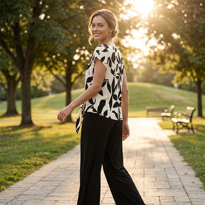 Ensemble Femme Haut Imprimé et Pantalon Large Coupe Ample