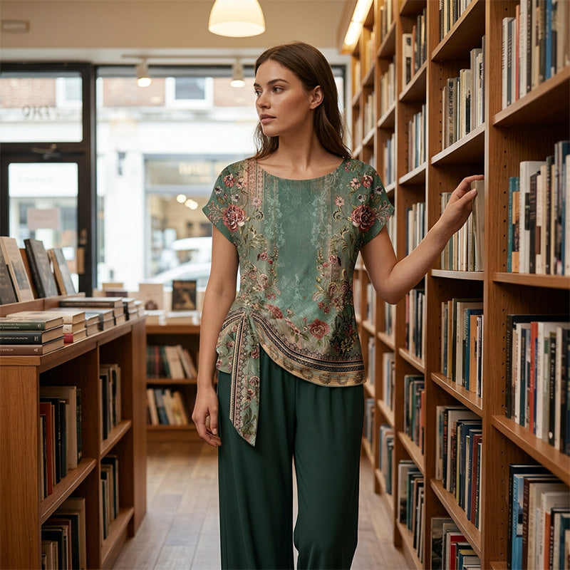 Ensemble Femme Haut Imprimé et Pantalon Large Coupe Ample