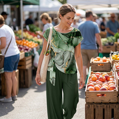 Ensemble Femme Haut Imprimé et Pantalon Large Coupe Ample