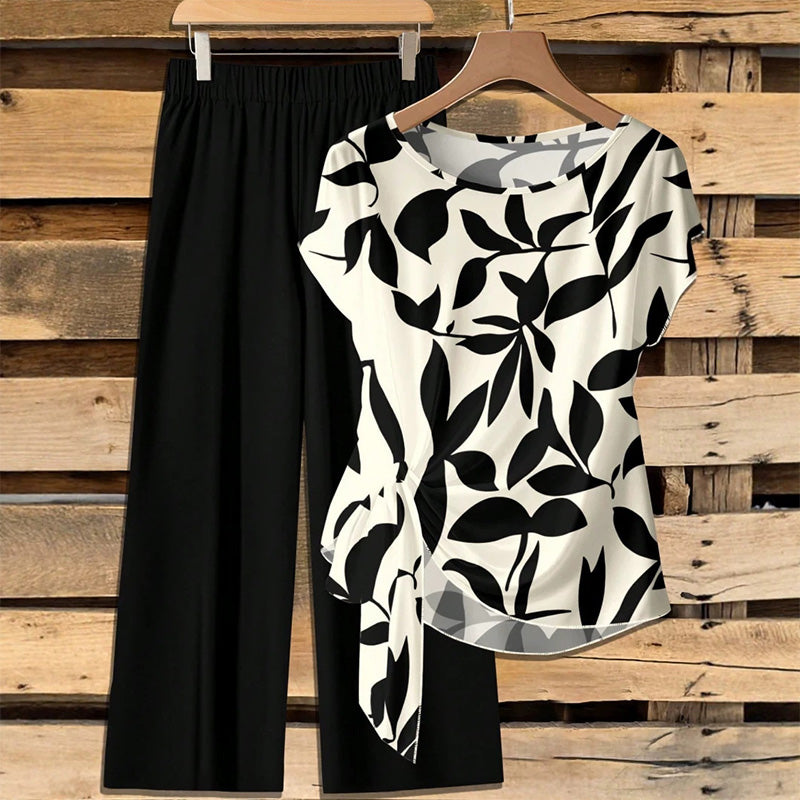 Ensemble Femme Haut Imprimé et Pantalon Large Coupe Ample